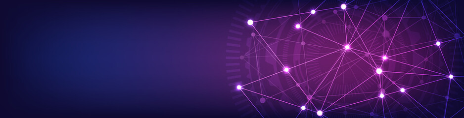 Website header or banner design with abstract geometric background and connecting dots and lines. Global network connection. Digital technology with plexus background and space for your text.