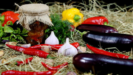 Fresh vegetables for preservation. Eggplant, dill, parsley, basil, pepper, spices, garlic