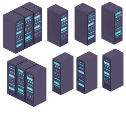 Server farm data center cloud computing mainframe, 3 variations, isometric isolated low poly style, on white background. 3d render