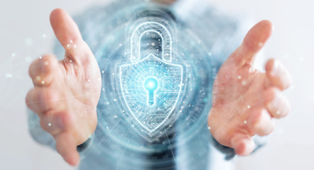 Businessman using digital padlock security interface to protect datas 3D rendering