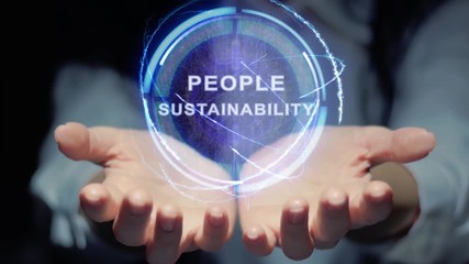 Female hands show a round conceptual hologram with text People sustainability. Unrecognizable woman in ashen white on a black background with future holographic technology
