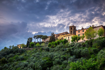 Fototapeta na wymiar Montecatini Alto - medieval village above Montecatini Terme town with surrounding landscape at sunset in Tuscany, Italy, Europe.