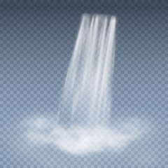 Waterfall cascade with fog isolated on transparent background. Vector 3d water fall pattern for exotic landscape mountain design.