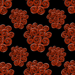 Seamless ethnic pattern. Juicy red swirl motifs. Elegant black background. Bright red colors. Elegant template for fashion prints.