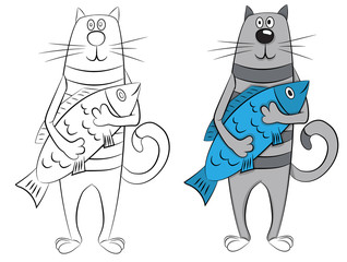 cartoon cat holds fish in its paws. coloring book on white background. vector