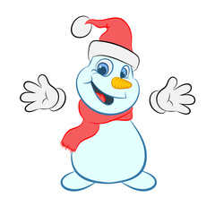  cartoon snowman in christmas hat on white background