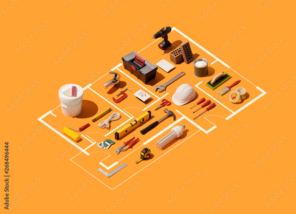 Wall mural isometric house plan project with work tools