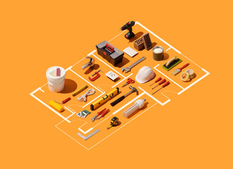 Isometric house plan project with work tools