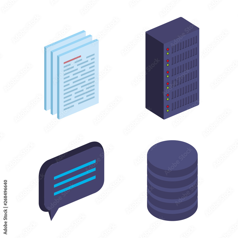 Poster set of documents information with chat bubble and hard storage tower disk