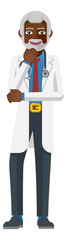 A mature black confident medical doctor man cartoon mascot character