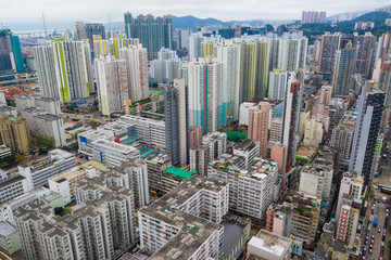 Fototapeta na wymiar Sham Shui Po, Hong Kong 07 May 2019: Drone fly over Hong Kong urban city