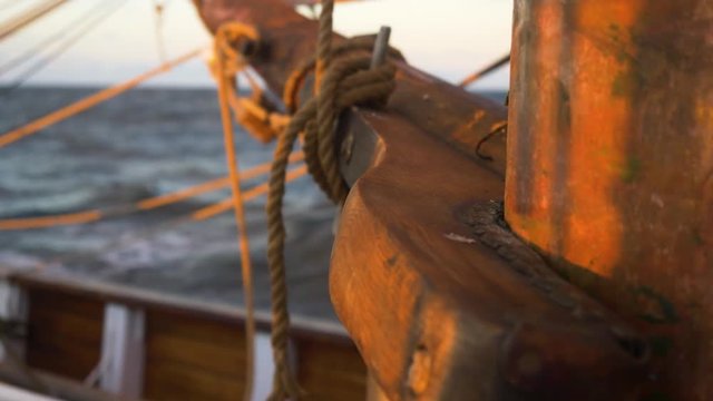 Traditional Wooden Ketch Sailboat Gaff in Sunset Light.