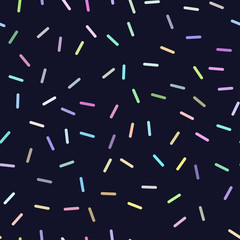 Seamless colorful donuts glaze pattern with sprinkles. Abstract geometric lines pattern. Memphis style background. Vector illustration.