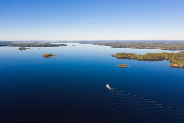 The ship sails in the Gulf of Finland. Top view