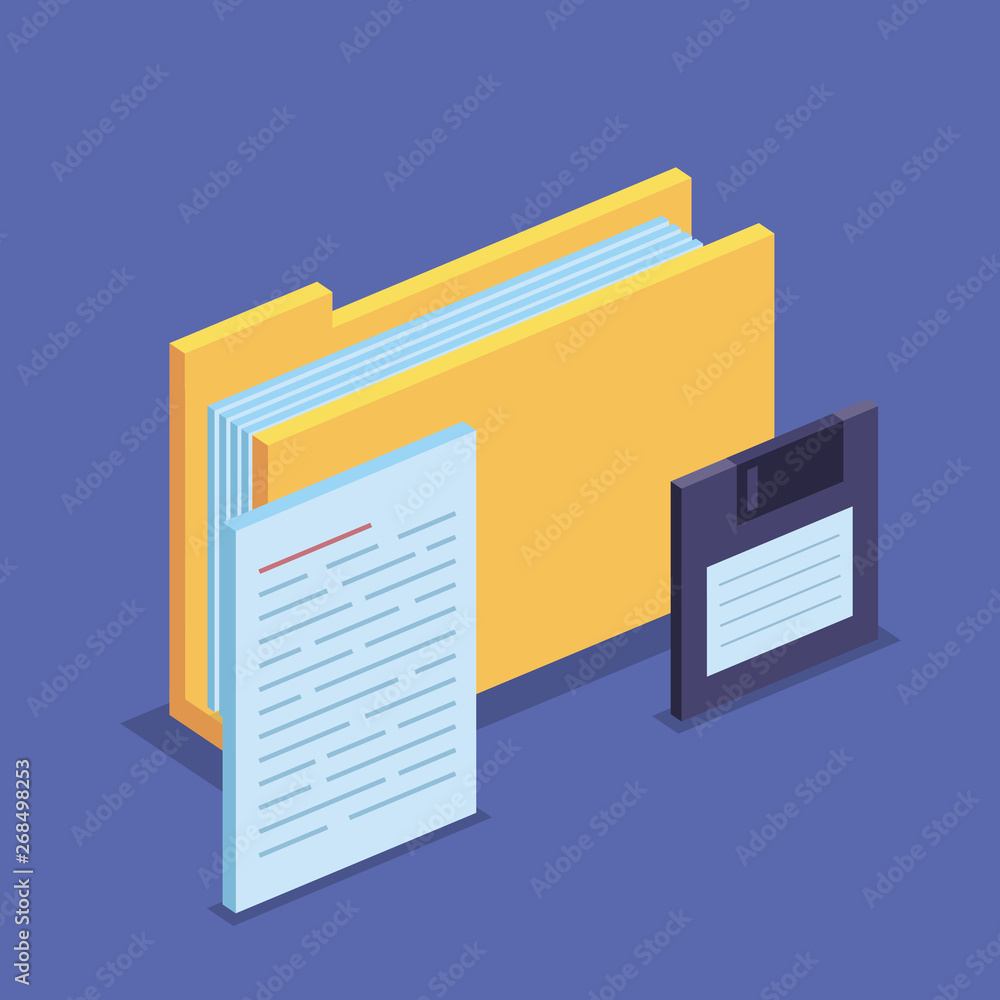Poster isometric folder with documents information and diskette
