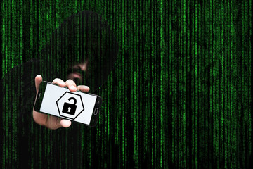 Personal data theft by mobile phone, theft of account passwords and bank account money. A faceless anonymous hacker uses a smartphone to hack a smartphone. Concept of cyber crime.