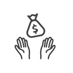 Human hands throwing money bag minimal icon isolated. Modern outline on white background