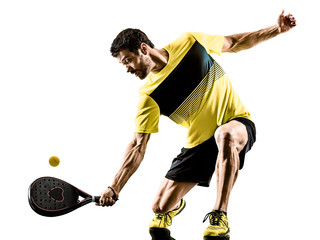 one caucasian man playing PadDLe tennis player isolated on white background