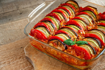 Ratatouille - Traditional Dish Of Provencal Cuisine. Healthy Vegetable Food. Wooden Background