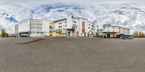 full seamless spherical hdri panorama 360 degrees angle view near backyard of office building in equirectangular projection. vr ar content