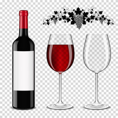 Wine bottle and glass, isolated on transparent background.