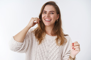 Waist-up charismatic enthusiastic gorgeous caucasian woman laughing feeling healthy accomplished...