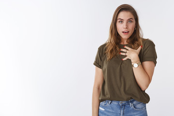 Shocked caucasian woman being accused stunned accusations someone put blame her, pressing palm...