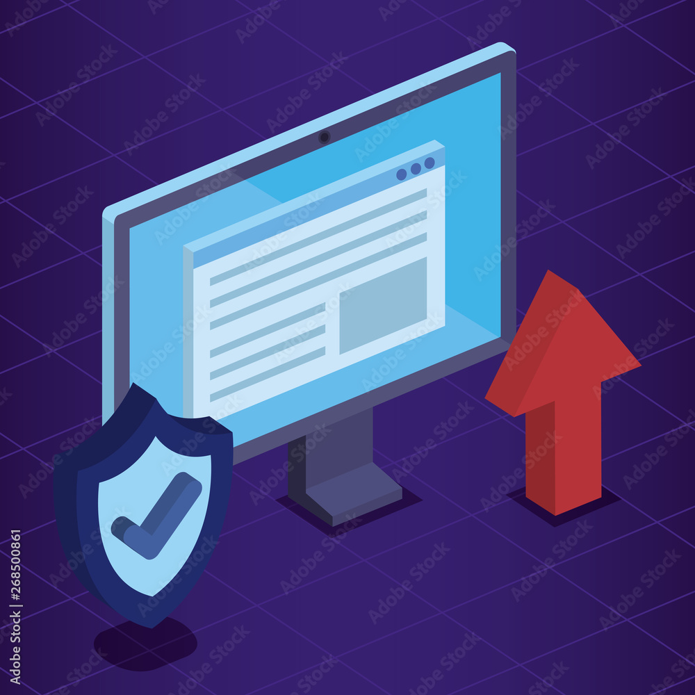 Poster isometric computer technology with document and shield security