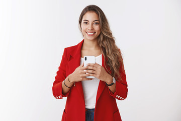 Portrait gorgeous confident stylish female wearing red jacket asking take picture holding...