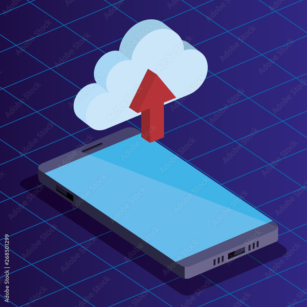 Poster isometric smartphone technology with cloud data upload