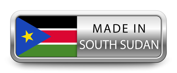 MADE IN SOUTH SUDAN metallic badge with national flag isolated on white background