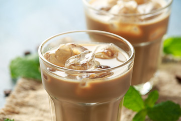iced latte coffee in a glass with cold milk. Summer drink