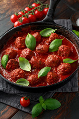 Homemade Meatballs in iron cast with sweet and hot tomato sauce, basil. On wooden table