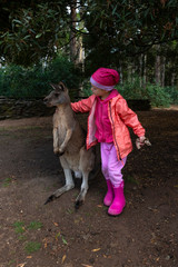 Little girl in pink and read clothes plays in kangaroo. Tasmania. Australia.