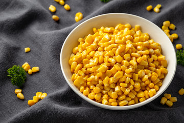 Sweet Corn in white bowl. Healthy food