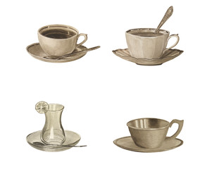 Sepia color set of teacups isolated on white. Watercolor beautiful illustration drawn by hand.