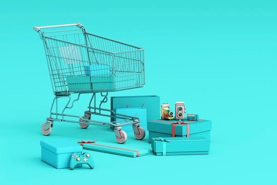 Supermarket shopping cart surrounding by giftbox on blue background. 3d rendering