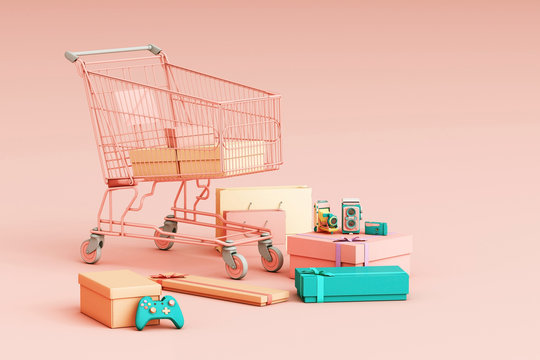 Supermarket shopping cart surrounding by giftbox on pink background. 3d rendering