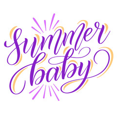 Naklejka premium Summer baby. Childish design element for seasonal children's clothes. Purple isolated cursive with decorative ornament. Calligraphic style. Script lettering. Vector.