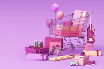 Supermarket shopping cart surrounding by giftbox with credit card on purple background. 3d rendering