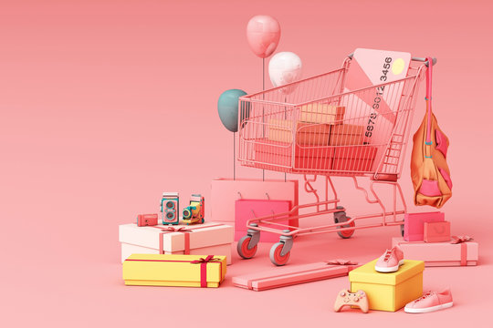 Supermarket shopping cart surrounding by giftbox with credit card on pink background. 3d rendering