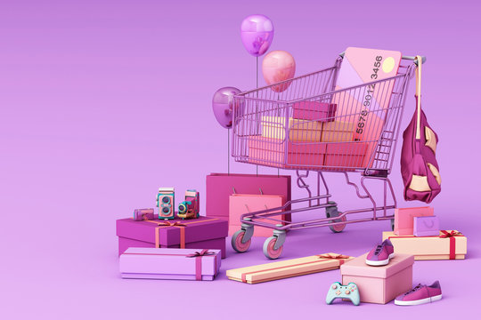 Supermarket shopping cart surrounding by giftbox with credit card on purple background. 3d rendering