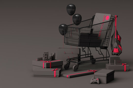 Supermarket shopping cart surrounding by giftbox with credit card on grey background. 3d rendering