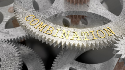 The inscription COMBINATION on the gear of the clock mechanism, 3d illustration