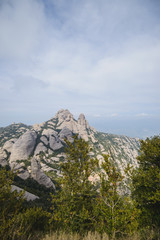 Aerial view of Montserrat mountains in a beautiful summer day, Catalonia, Spain 