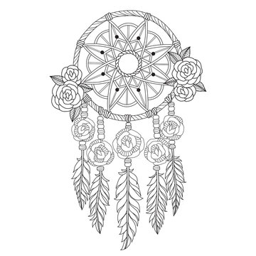 Hand drawn sketch illustration of Indian dream catcher for adult coloring book.