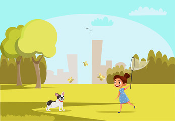 Obraz na płótnie Canvas Girl with pet playing in park vector illustration