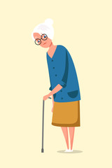 Old woman with cane flat vector illustration