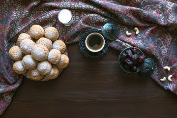 Ramadan sweets background. Cookies of El Fitr Islamic Feast. 