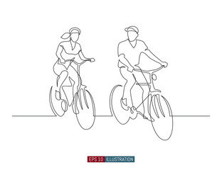 Continuous line drawing of man and woman riding bicycles. Template for your design works. Vector illustration.